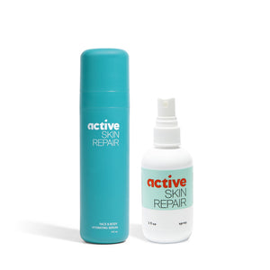 Two 'active skin repair' products on a white background Active Serum and Active Spray