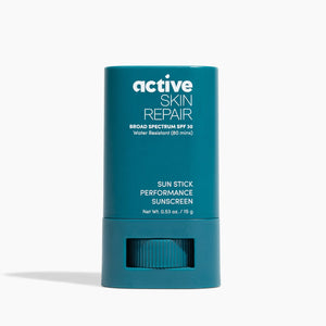 Blue sun stick with 'active skin repair' text on a white background