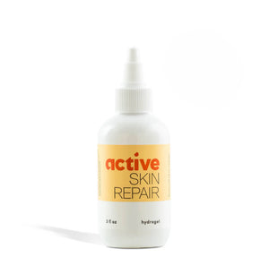Bottle of 'active skin repair' hydrogel on a white background