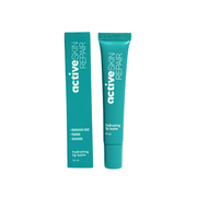 Turquoise lip balm tube and packaging with 'active skin repair' text on a white background